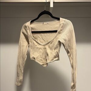 Zara Women's Cream Long Sleeve Ribbed Crop Top
